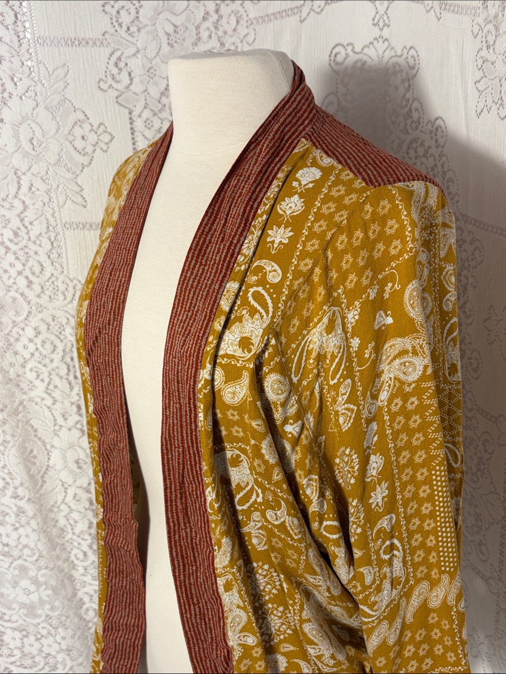 Mystree Mustard Paisley Open Front Cardigan with Rust Trim - Picture 2 of 8